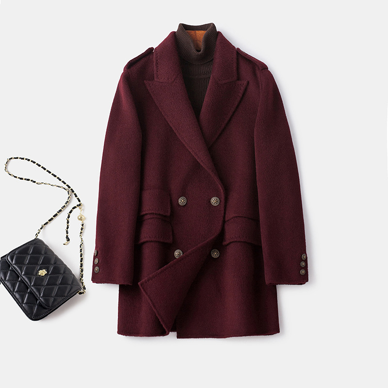 Double-Sided Cashmere Outwear for Women 2025 New Spring & Fall Clothing Loose Slimming Look Elegant Ankesela Red Woolen Woolen Outwear