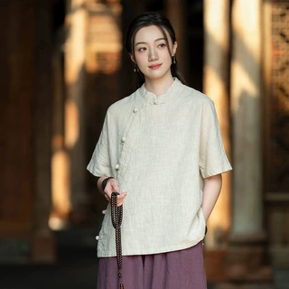默念依旧原创布衣苎麻短袖衬衫女26夏款立领斜襟盘扣中式茶服上衣