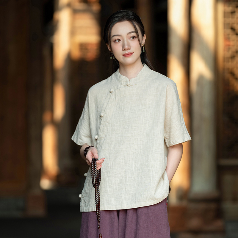 Moyin Original Ramie Short-Sleeve Shirt for Women, Summer 26, Stand Collar, Diagonal Placket, Chinese Style Tea Dress Top