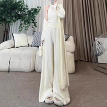 2025秋冬新款慵懒风气质镂空针织背心毛衣外套长裤女装休闲三件套