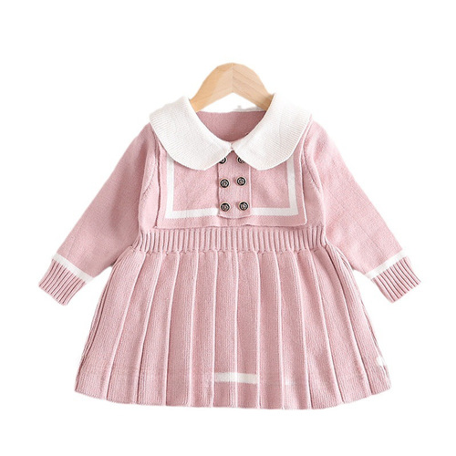 Girls' Navy Collar Knit Dress for Girls Autumn and Winter Korean Style Children's Dress Long Sleeve Pleated Skirt for Babies and Young Children