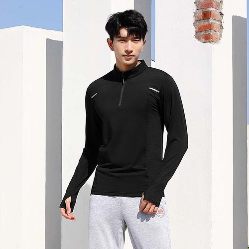 Spring and autumn men's outdoor sports mountaineering hiking stand-up collar half-zip quick-drying breathable moisture-absorbing high-elastic long-sleeved T-shirt A
