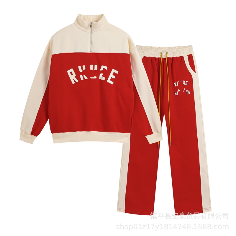 欧米のファッションの色合わせのレトロな半ファスナーのアルファベットのプリントのスタンドカラーとベルベットの男性と女性のストレートのズボンのスーツ|undefined