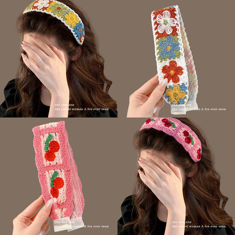 Rustic-style knitted magic tape headband for women, sweet floral headband for daily wear, face-washing headband, hair tidying tool