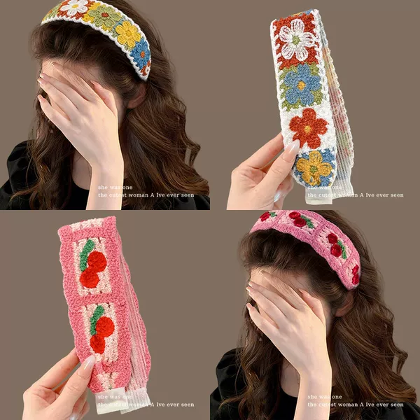 Rustic-style knitted magic tape headband for women, sweet floral headband for daily wear, face-washing headband, hair tidying tool