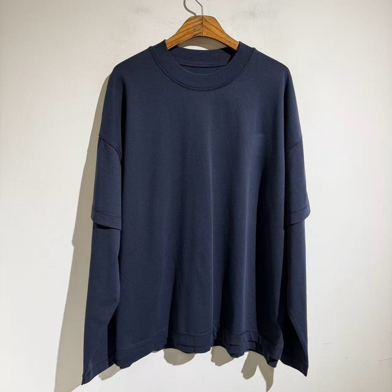 25 New Aw Fake Two-Piece Round Neck Long-Sleeved T-Shirts Retro Silhouette Versatile Bottoming Shirts for Men and Women Couples Loose Tops