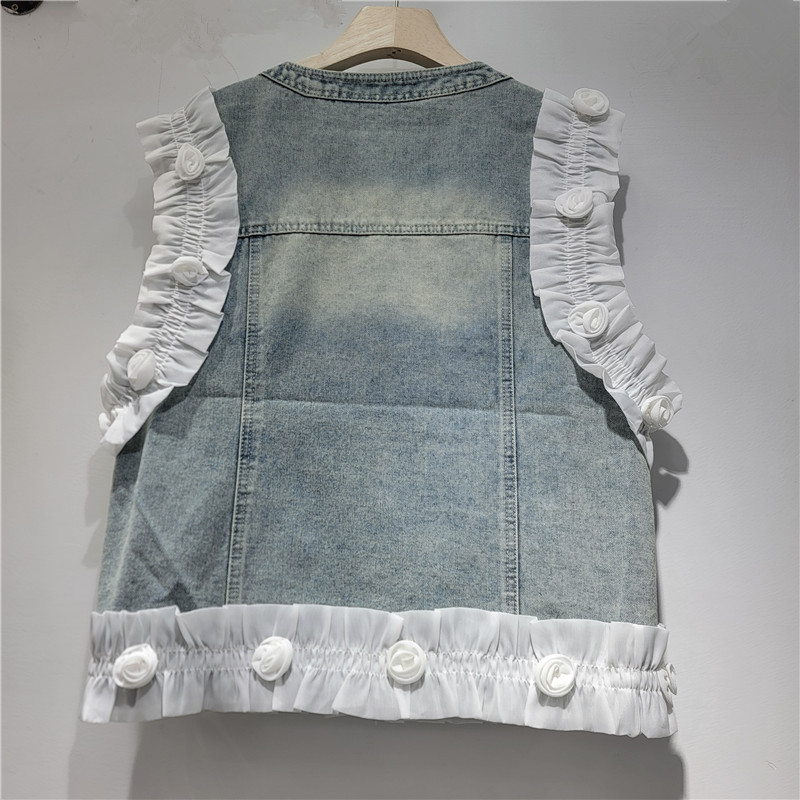 Dulce diseño de flores tridimensionales chaleco de vaquero para mujeres 2026 primavera y verano nuevo estilo estilo estilo exterior versátil chaqueta retro