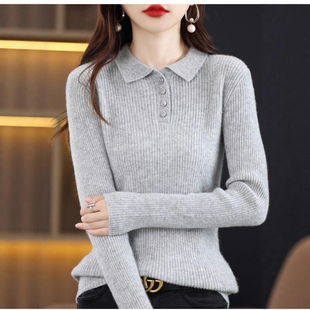 实价实拍#灰色假两件Polo领长袖针织衫女秋季毛衣内搭打底衫上