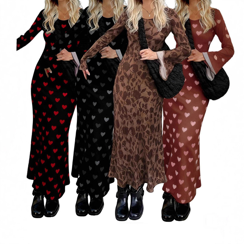 3753 Fashionable Street Retro Print Color-Block Flared Long Sleeve Maxi Dress