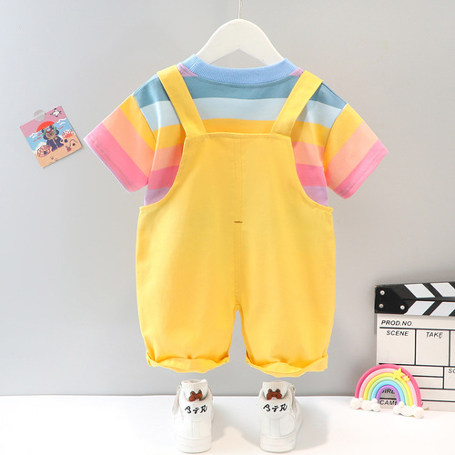 Children's Summer Outfit Set for 1-3 Year Old Boys - Rainbow Striped Short Sleeve Two-Piece Set - Cute Baby Clothes