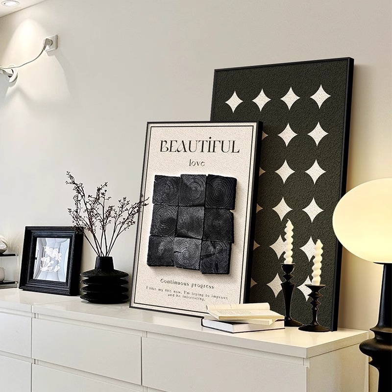 Italian Black and White Decorative Painting, Normcore Living Room Table and Cabinet Painting, High-End Wabi-Sabi Style Restaurant Hanging Painting, Bedroom Wall Painting