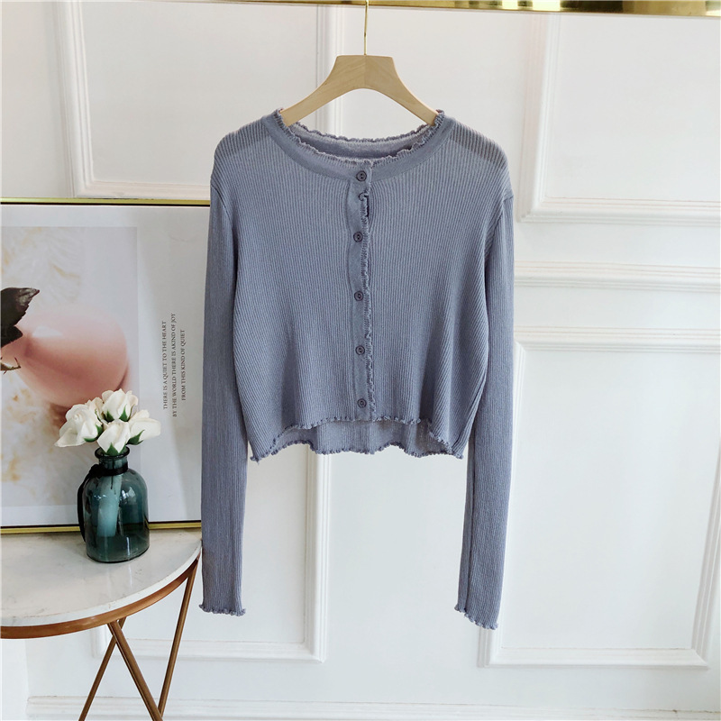 Korean-style Spring and Summer New Ear-rimmed Ice Silk Thin Pit Knitted Cardigan Round Neck Long-sleeved Sun-protective Shirt Women's 2606