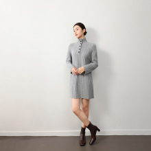 秋冬季女士新款长款羊毛针织裙抽条加厚优雅气质高领羊毛连衣长裙