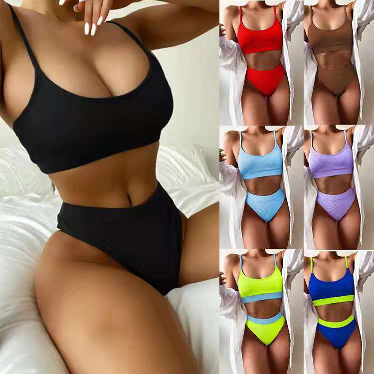 Cross-Border Tight-Fitting Swimwear European and American Style Two-Piece Bikini Strap Swimsuit Beachside Women's Fashion Thickened European and American Style