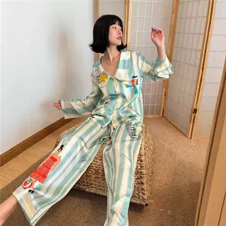 2025新款春秋韩系气质条纹仿真丝长袖睡衣女卡通印花可外穿