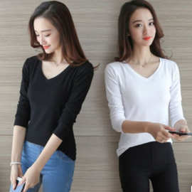 2018秋冬新款女士长袖t恤韩版修身休闲打底衫色大码上衣批发