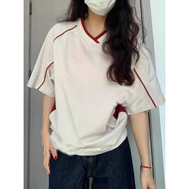 官图250克双纱短袖t恤女夏2025新款插色中长宽松V领上衣韩版女装