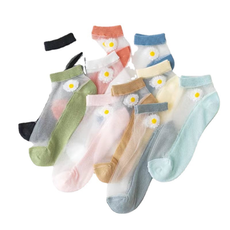 Medias cortas coreanas de margarita para mujeres de verano delgadas calcetines de cristal transpirables, calcetines de barco transparentes invisibles, calcetines de moda para hombres