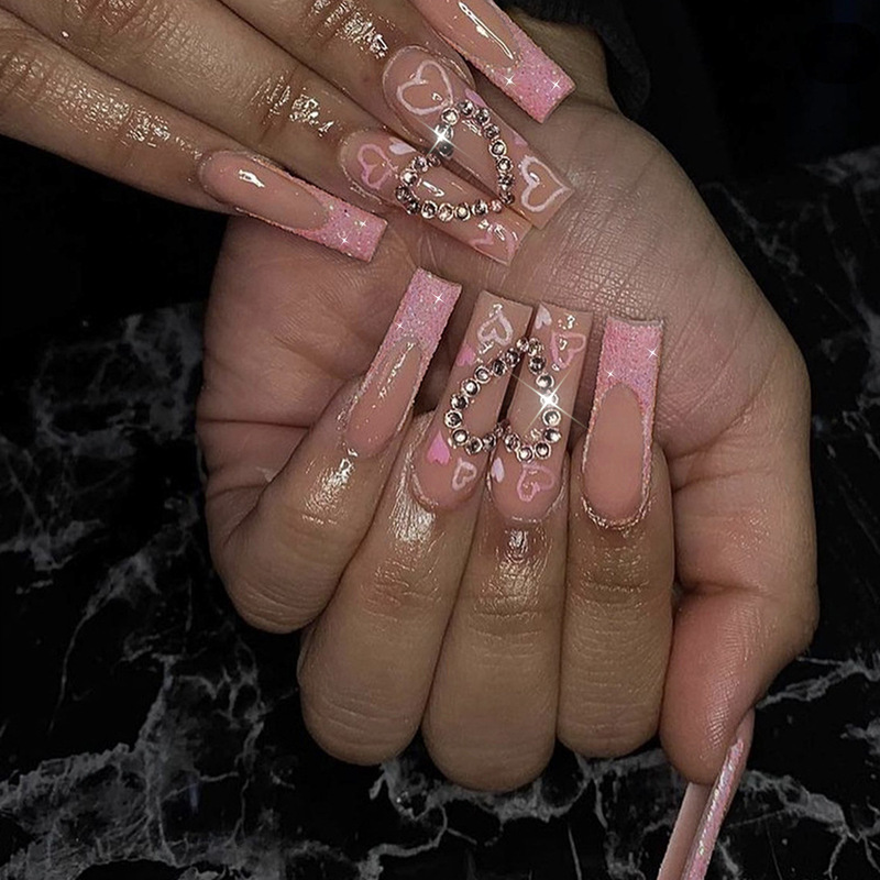 Cross-border 24-piece pink glitter French heart-shaped press-on nails with long gradient and diamond accents, ins-style sweet girl nail patches wholesale Cross-border 24-piece pink glitter French heart-shaped press-on nails with long gradient and diamond accents, ins-style sweet girl nail patches wholesale