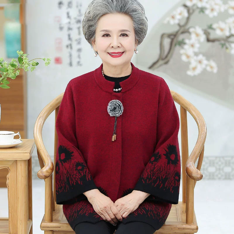Весенняя одежда для пожилых женщин, вязаный свитер, куртка, костюм Тан для 60 лет, для 70 лет, одежда для пожилых, весенне-осенняя куртка для мамы