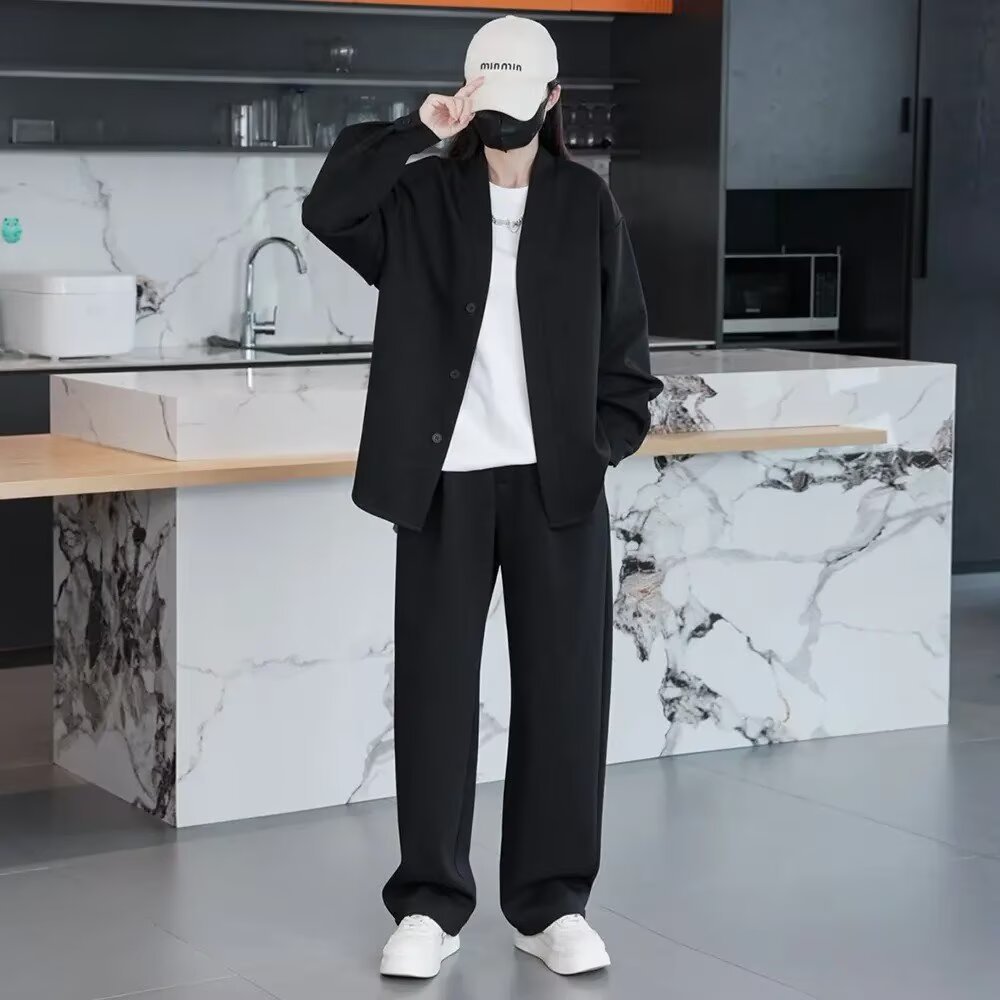 American Trendy Brand High-End Casual Sports Suit Men's Spring and Autum Loose Large Size V Neck Jacket and Pants Two-Piece Set