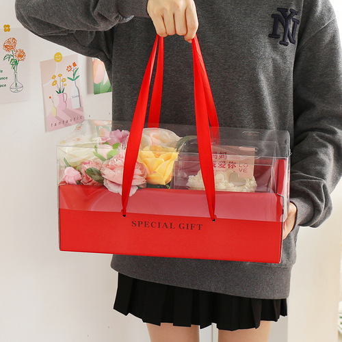 Mother's Day Bow Flowers Cake Fruit Packaging Box Transparent Cover High-end Gift Box Holiday Gift Gift Box