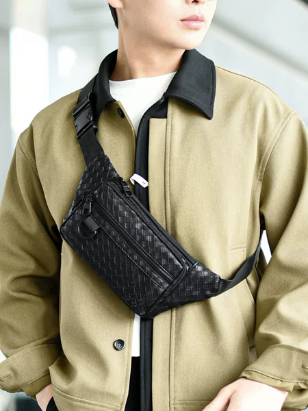 Trendy Casual Men's Waist Bag for Outdoor Sports and Cycling, Fashionable Chest Bag with Pu Leather Woven Pattern, Korean Style Single Shoulder Crossbody Bag