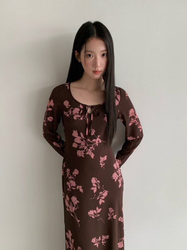 诠释美 NEWOPEN 25秋复古修身气质长袖内搭打底印花连衣裙女F6096|undefined