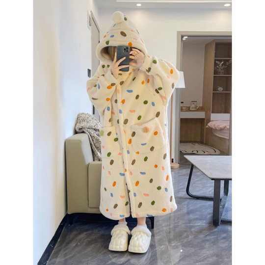 Winter Coral Fleece Pajamas Women's Winter Girl's Sweet Color Polka Dot Flannel Hooded Nightgown Home Clothes Nightgown