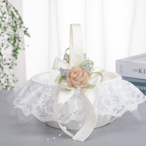 Western-style wedding flower basket pearl bow flower decoration lace small flower basket wedding hand-held flower basket with flowers