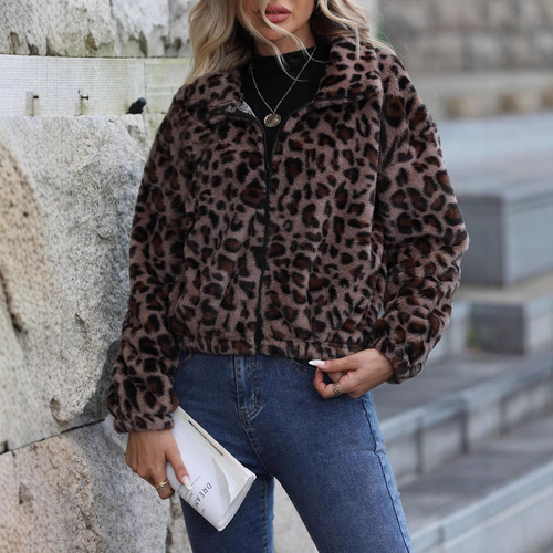 Flashy Wool 2025 Women's European and American Autumn/Winter Loose Zipper Long Sleeve Leopard Print Plush Coat