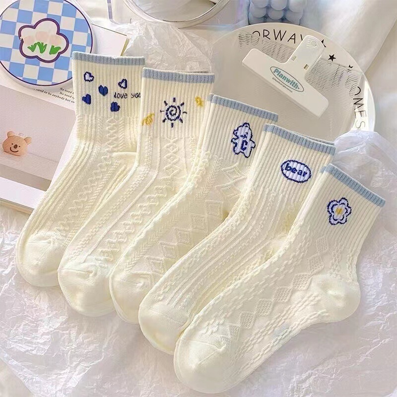 White Mid-Calf Socks for Women, Spring and Summer Thin Style, Trendy Versatile Internet Celebrity Popular Cute Cartoon Japanese Cotton Long Socks