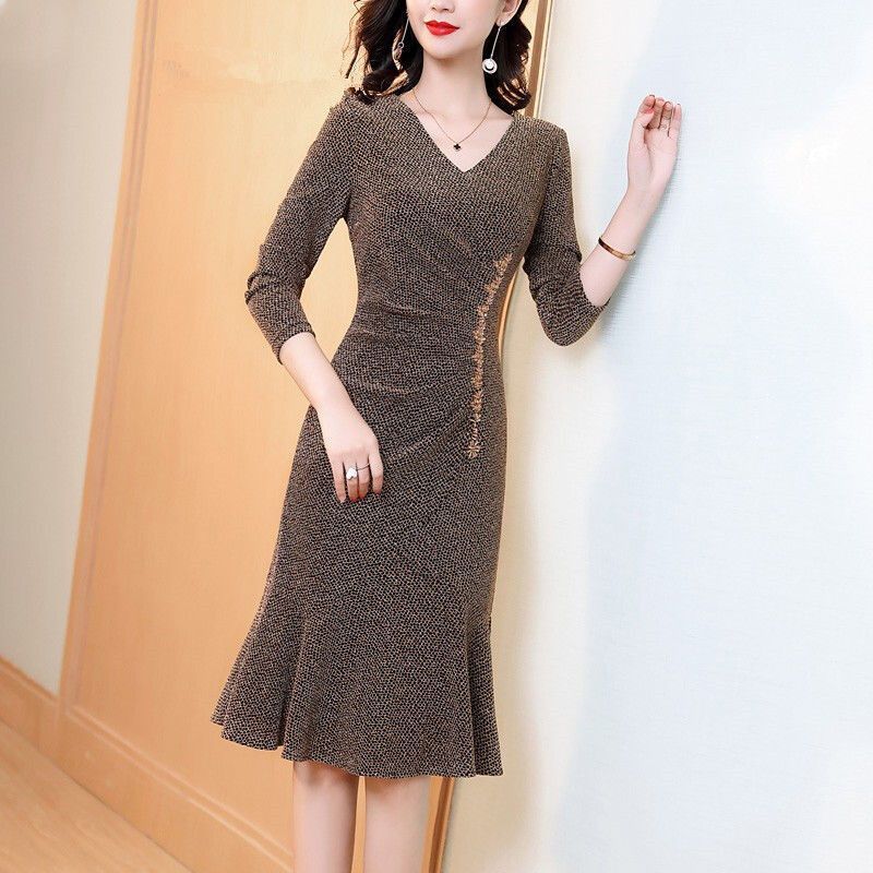 French Dress Spring and Autumn New Style Luxury Temperament Collar Long-Sleeved Dress Waist Fishtail Skirt