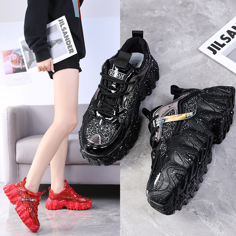 Sequined Wavy-Soled Daddy Shoes for Women 2024 Spring New Korean Style Patent Leather Thick-Soled Foreign Style Casual Sports Shoes for Women