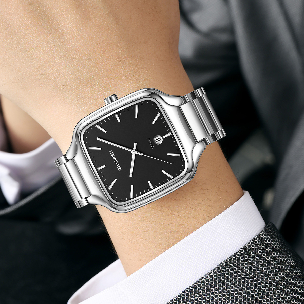 Momento plateado cuadrado acero reloj de cuarzo 30 metros calendario impermeable relojes de hombre comercio exterior transfronterizo al por mayor