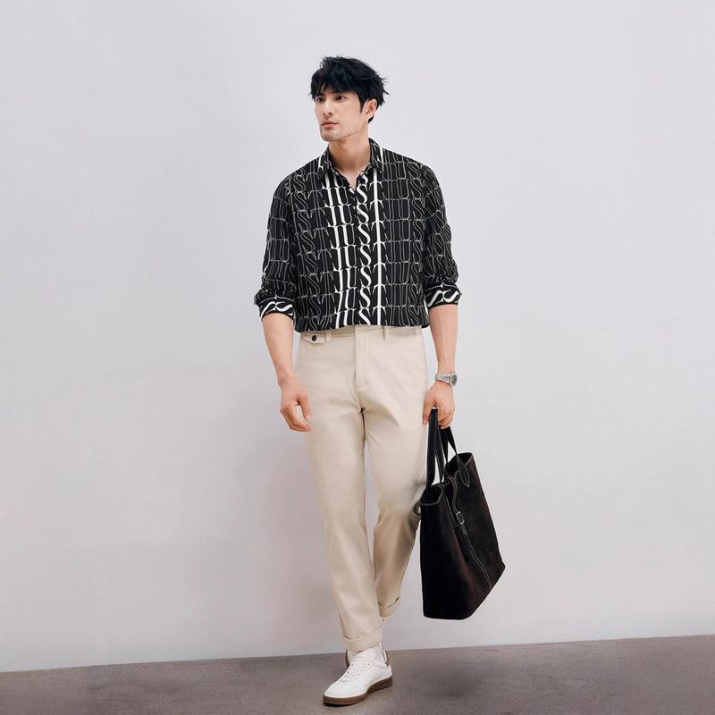[Special Offer] New Autumn Black and White Printed Shirt for Men, Fashionable Casual Trendy Long Sleeve Shirt Jacket