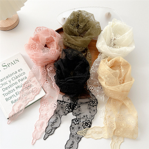 Solid color rhombus lace small scarf for women, versatile long scarf, decorative scarf, neck protector, hair ribbon, spring and autumn