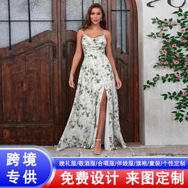 亚马逊吊带抹胸连衣裙欧美碎花洋裙清新气质修身显瘦开衩晚礼服女