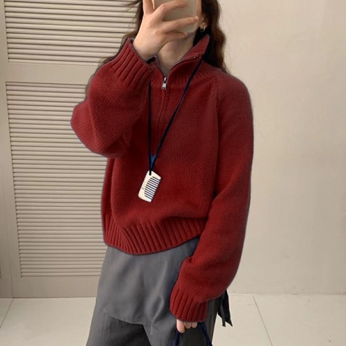 KANING Women's Half-High Collar Zipper Red Sweater 2025 Autumn Design-Sensitive Loose Hooded Knit Top