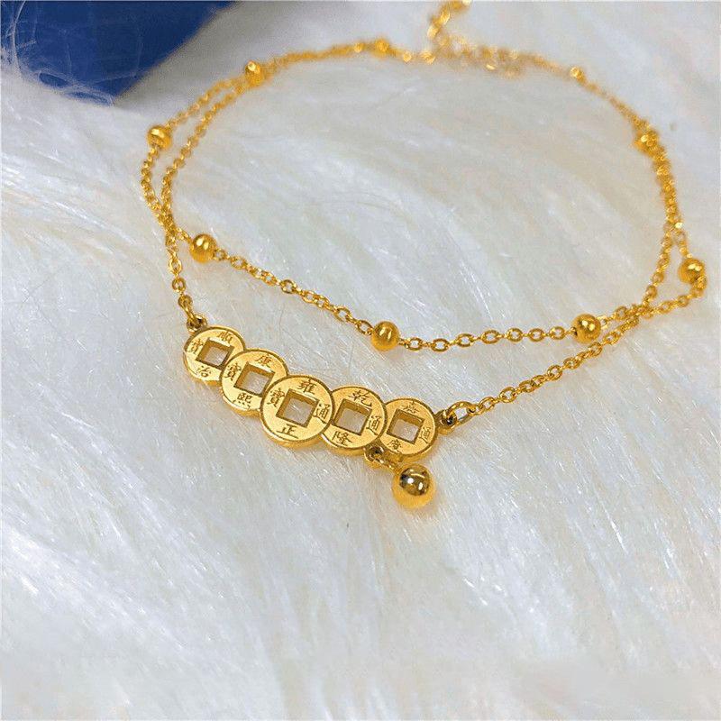 Retro Chinese Style Double-Layered Copper Coin Anklet, Good Luck, Lucky Temperament, Versatile Women's Model