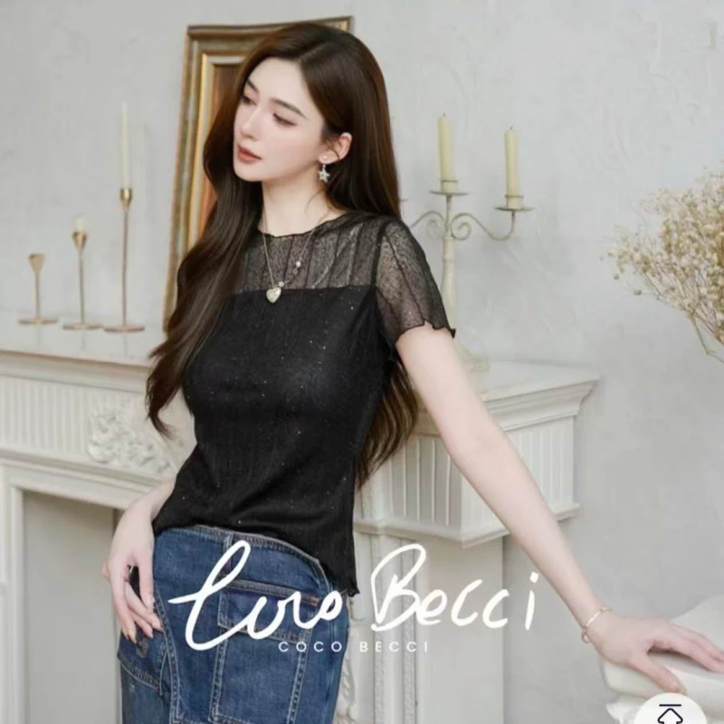 [Original Fabric] Design-Inspired Fine Glitter Sequins Summer New Short-Sleeve Slimming Youthful Concealing Top Stylish T-Shirt