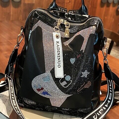 Fashion Backpack New All-match High-end Genuine Leather Backpack Large Capacity Casual Hot Rhinestone Shoulder Bag Trend