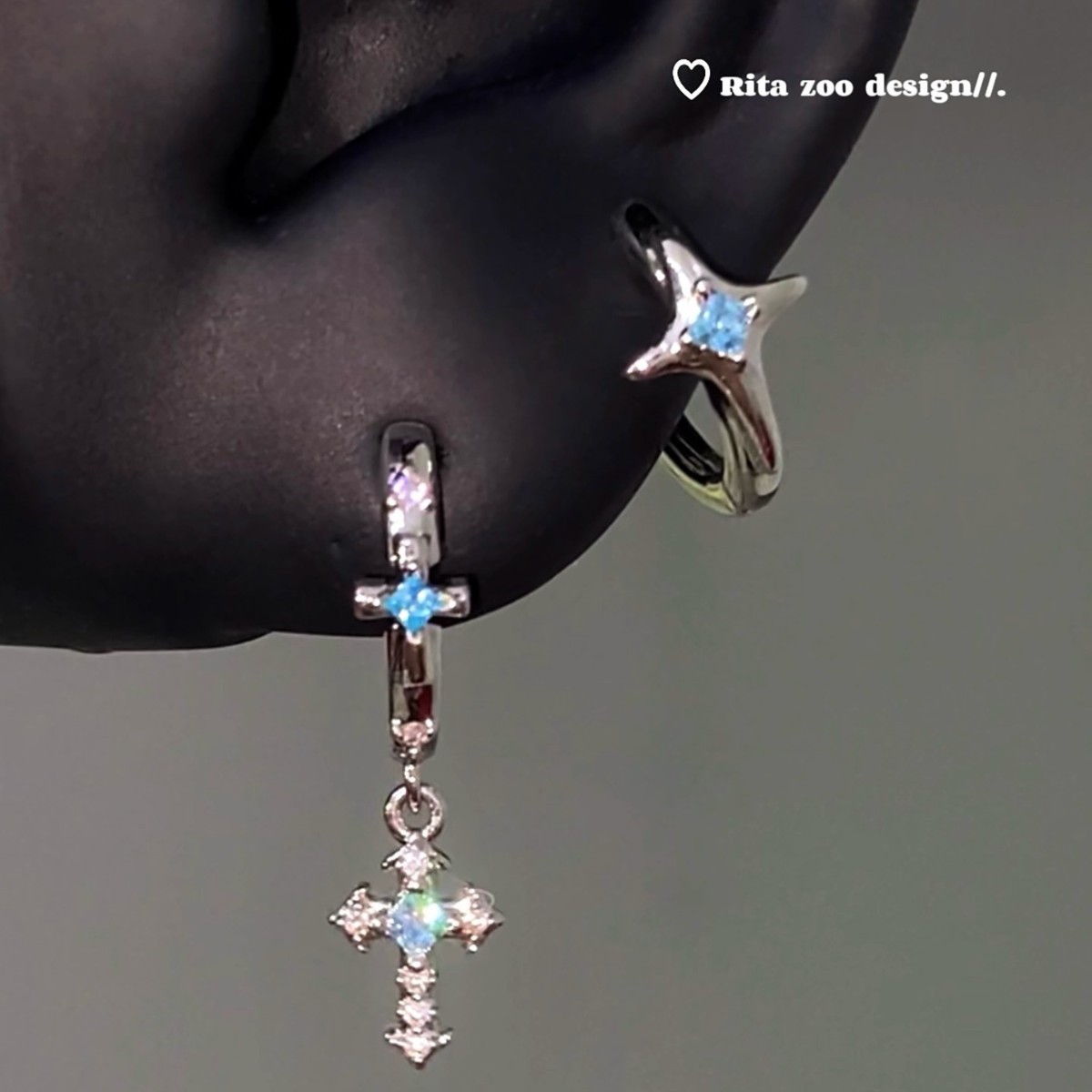 Exquisite Copper Inlaid Zircon Earrings, Ice Blue Square Zircon Starburst Cross Pendant Earrings, Niche Design Earrings for Women
