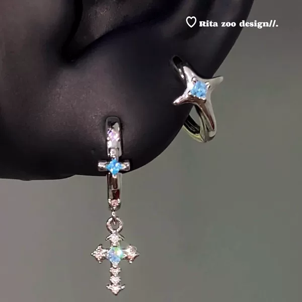 Exquisite Copper Inlaid Zircon Earrings, Ice Blue Square Zircon Starburst Cross Pendant Earrings, Niche Design Earrings for Women