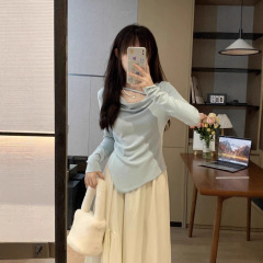 温柔风套装长袖不规则长袖上衣女秋季高腰A字裙半身裙气质两件套