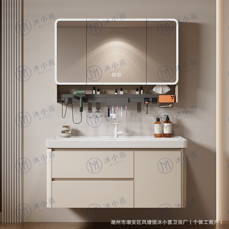 Arc-Shaped Drawer Honeycomb Aluminum Bathroom Cabinet Set with Integrated Ceramic Ocean Basin, Smart Mirror, Washbasin, and Washstand Arc-Shaped Drawer Honeycomb Aluminum Bathroom Cabinet Set with Integrated Ceramic Ocean Basin, Smart Mirror, Washbasin, and Washstand