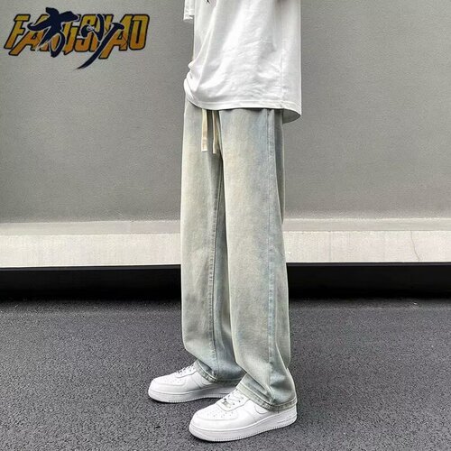 American street style yellow mud dye retro men's summer loose straight leg wide leg pants Instagram trendy brand long pants