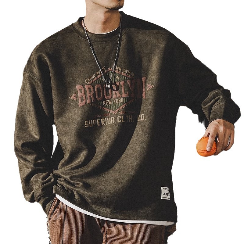 Moletom masculino retrô americano em camurça, modelagem folgada, marca moderna, gola redonda, manga longa, blusa masculina, jaqueta, camiseta._voghion.com