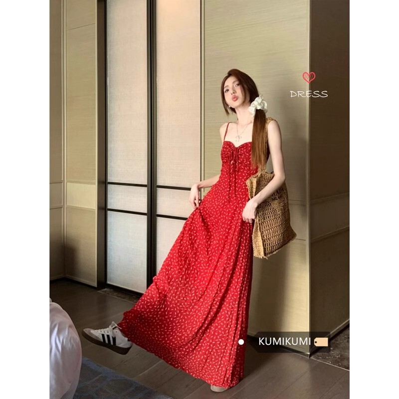 [Adjustable shoulder strap after taking over] Floral skirt dress women's summer hot girl A- line skirt halter skirt seaside long