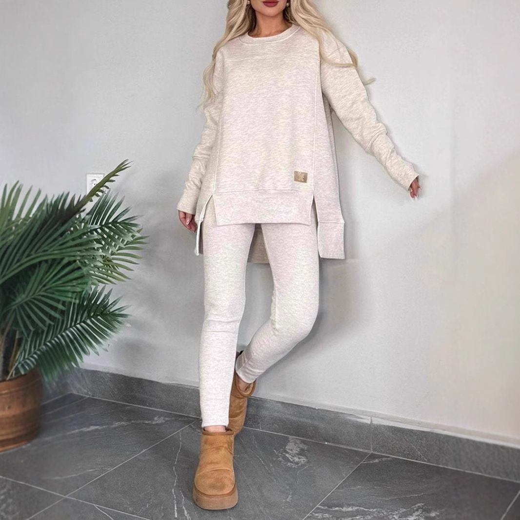 2024 European And American Cross-Border Autumn Winter Hot-Selling Women's Top With Slit Long Sleeve Round Neck Casual_ecoleips.com